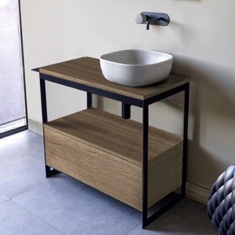 Console Bathroom Vanity Console Sink Vanity With Ceramic Vessel Sink and Natural Brown Oak Drawer Scarabeo 1806-SOL3-89